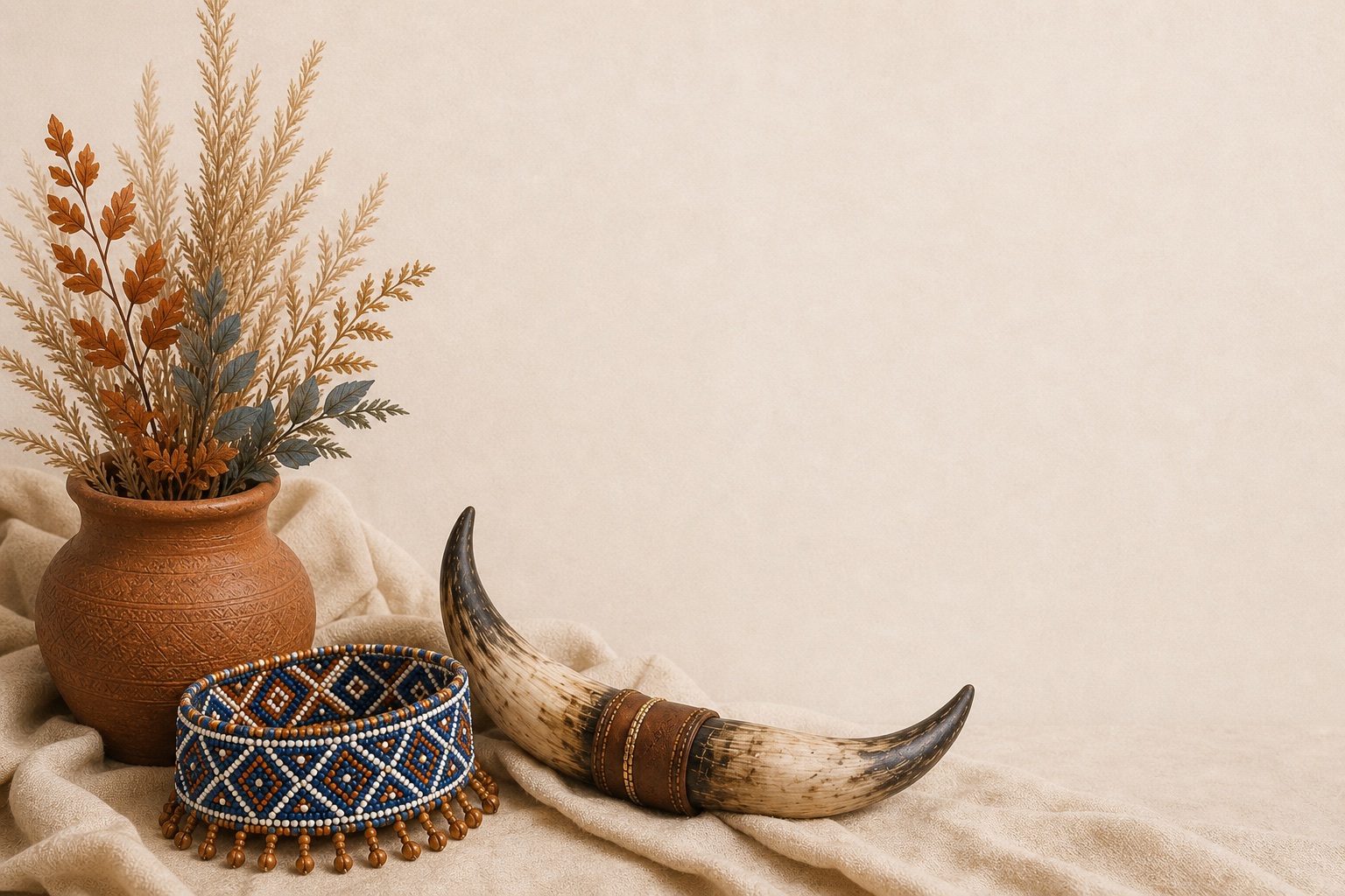 Traditional pottery, beadwork and ceremonial horn from the invitation artwork